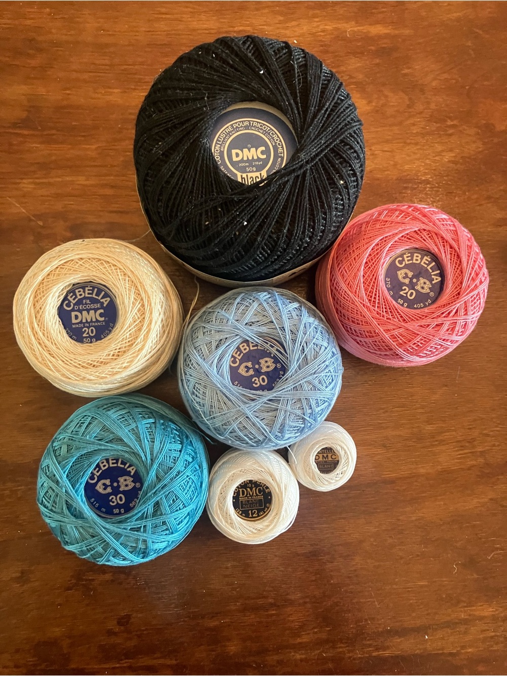 DMC & Cebelia Crochet Thread Set — Black, Coral, Aqua, Light Blue, Cream, White